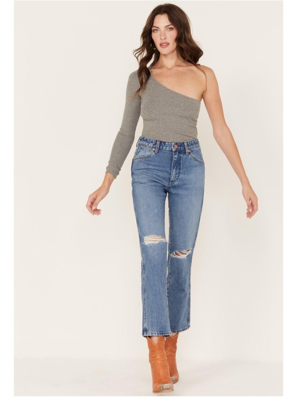 Wrangler Straight-Leg Distressed Medium Blue Jeans